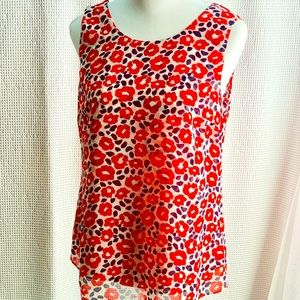 CAbi Red, Black & White Poppy-Print Blouse, Sz S